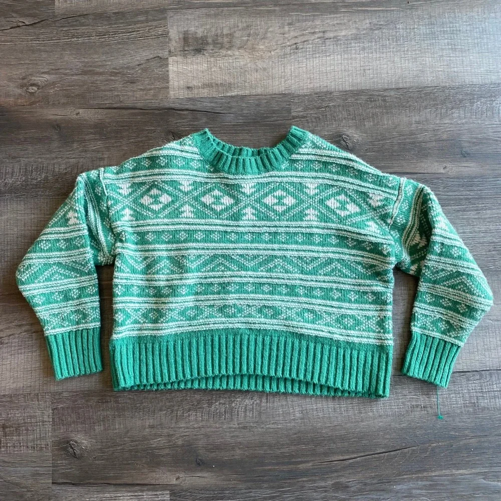American Eagle Fair Isle Snowdrift Green And WhiteSweater